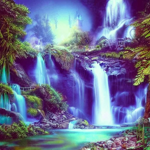 Image similar to a old chatedral and waterfalls, retrowave art, trending on art station