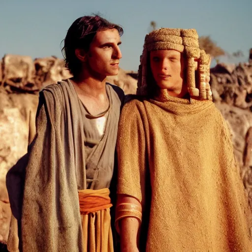 Image similar to cinematic still of 26 year old male in ancient Canaanite clothing meeting 18 year old female in ancient Canaanite clothing, dramatic lighting, establishing shot, high detail, Biblical epic directed by Wes Anderson
