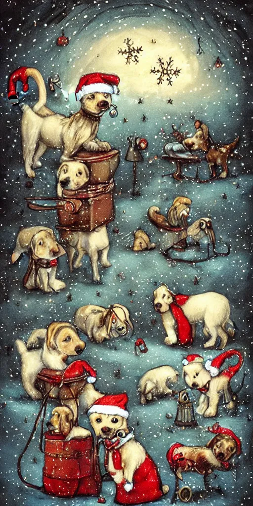 Prompt: a christmas puppies scene by alexander jansson