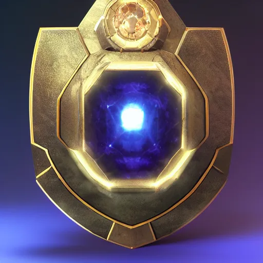Image similar to giant specalized shield made of holy light with a sapphire gem, high quality 3D render, concept art, 4K, UHD, High quality, Trending on Artstation HQ