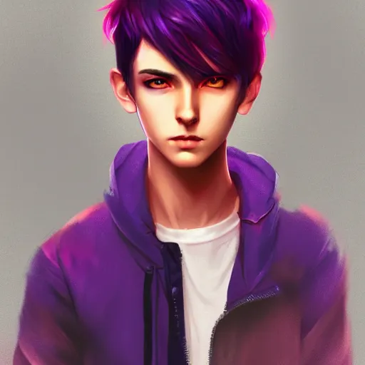 Prompt: colorful and festive captivating teenager boy with straight purple hair, purple eyes with red eye markers, slim body, wearing japanese combat clothes. rich vivid colors, ambient lighting, dynamic lighting, 4 k, atmospheric lighting, painted, intricate, highly detailed by charlie bowater