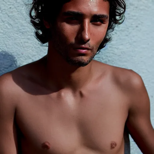 Prompt: portrait of a beautiful light complexion Colombian male model By Emmanuel Lubezki