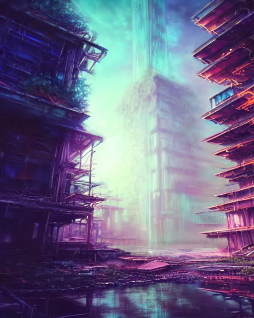 Prompt: a beautiful very detailed render of unfinished building architecture abandoned urbex nature spirit realm by noah bradley, morning sun retrowave tundra darkacademia atlantis sea heavy rain nature vaporwave anime crystal magic realism futuristic water neon noir tokyo scumm bar steampunk earth, archdaily, wallpaper, highly detailed, trending on artstation.