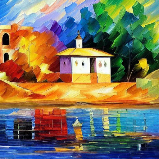 Prompt: a moroccan house on the lake, by leonid afremov