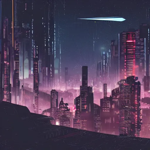 Image similar to city in the style of cyberpunk ontop of a mountain, space sky, anime illustration,