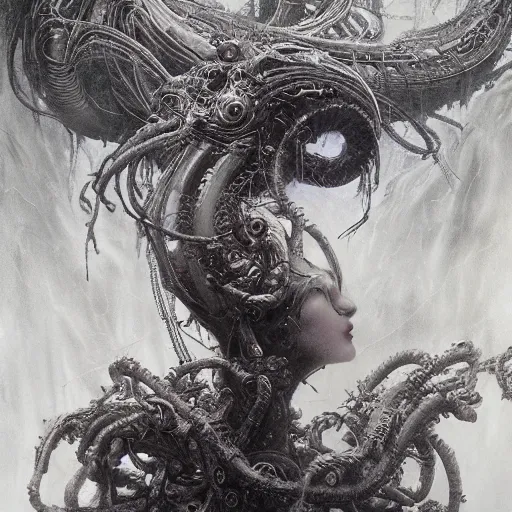 Image similar to cyberpunk medusa by gustave dore and gustave moreau and beksinski and giger and craig mullins and jeremy mann