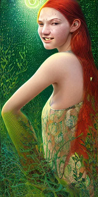 Image similar to infp young woman, smiling amazed, golden fireflies lights, sitting in the midst of nature fully covered, long loose red hair, intricate linework, bright accurate green eyes, small nose with freckles, oval shape face, realistic, expressive emotions, dramatic lights spiritual scene, hyper realistic art by michael cheval, jessica rossier, boris vallejo