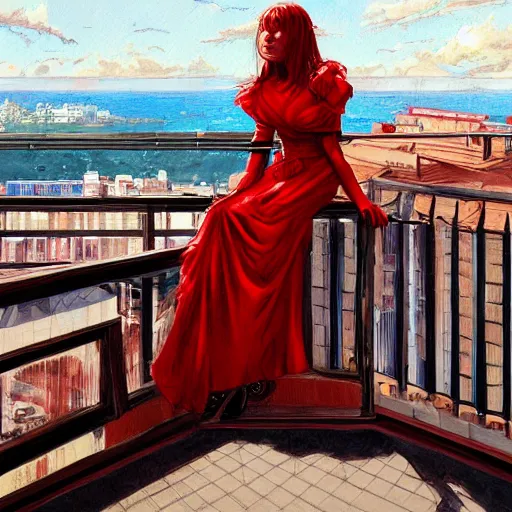 Image similar to a beautiful artwork of a woman in red dress sitting on the balcony of a hotel top view, by Jerome Opeña, featured on artstation