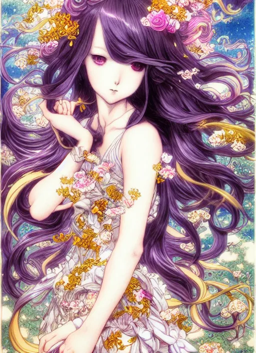 Image similar to exquisite imaginative manga poster of a fairy lady, long wavy hair, rococo dress, shimmering, by ayami kojima, shigenori soejima, minaba hideo,, jump comics, shogakukan, illustration, artstation, highly detailed, 8 k, fluorescent, maximalist