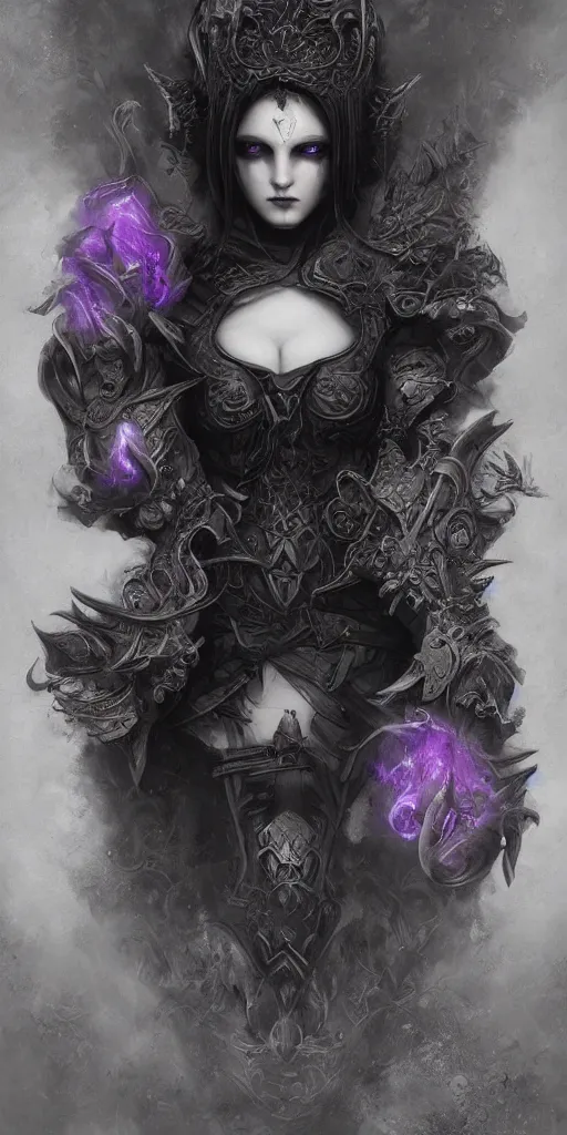 Image similar to tom bagshaw, soft painting fractal curiosities carnival, single beautiful anthropomorphic wolf mutation in full nightshade gothic armor, accurate features, focus, very intricate ultrafine details, black white purple volumetric clouds, award winning masterpiece, octane render 8 k hd