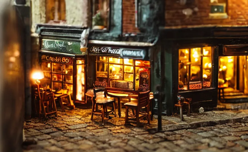 Image similar to miniature cafe dusk diorama macro photography, cafe for mice, alleyway, ambient, atmospheric, british, bokeh, romantic