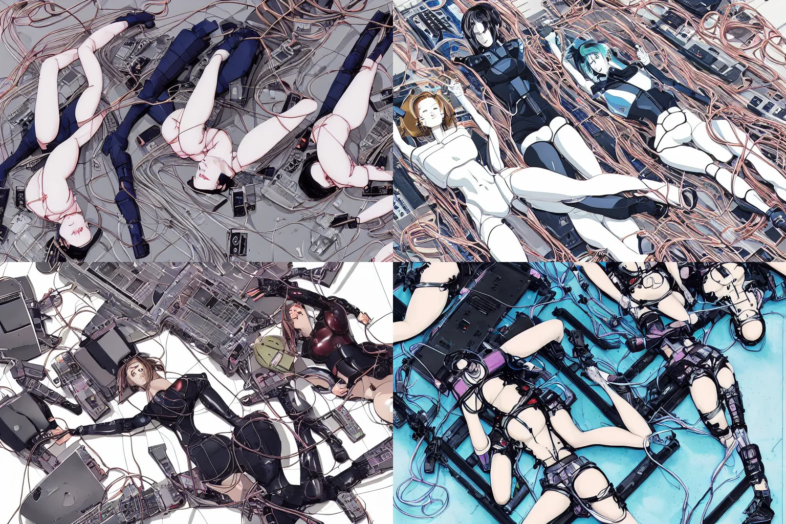 Prompt: an illustration of a group of three female androids in style of masamune shirow, lying on an empty, white floor with their bodies broken scattered across, rotated in different poses and cables and wires coming out, by yukito kishiro and katsuhiro otomo, intricate, view from above