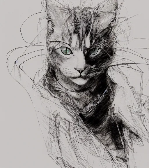 Image similar to portrait of anime cat with long hair wearing a dark robe, pen and ink, intricate line drawings, by craig mullins, ruan jia, kentaro miura, greg rutkowski, loundraw