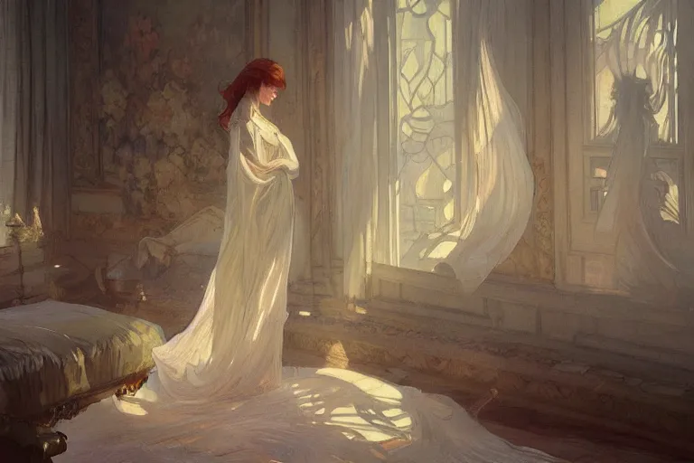 Prompt: a beautiful painting of a room with a pile of white paper, backlighting, gloomy, low saturation, rococo, by krenz cushart and mucha and monet, trending on artstation.