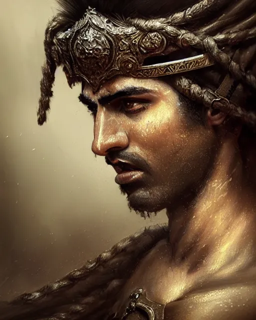 Image similar to portrait of a Persian Prince fighting at war, warrior, brutal battle, handsome prince, shaved face, without beard, attractive young man, shaved face, heroic pose, dramatic lighting, dark and horror, action and tragedy, dust and blood, intricate, wild, highly detailed, digital painting, artstation, concept art, smooth, sharp focus, illustration, art by artgerm and greg rutkowski and alphonse mucha, footage from space camera