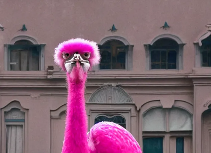 Image similar to a film still of a pompous pink ostrich in the grand budapest hotel ( 2 0 1 4 ) )