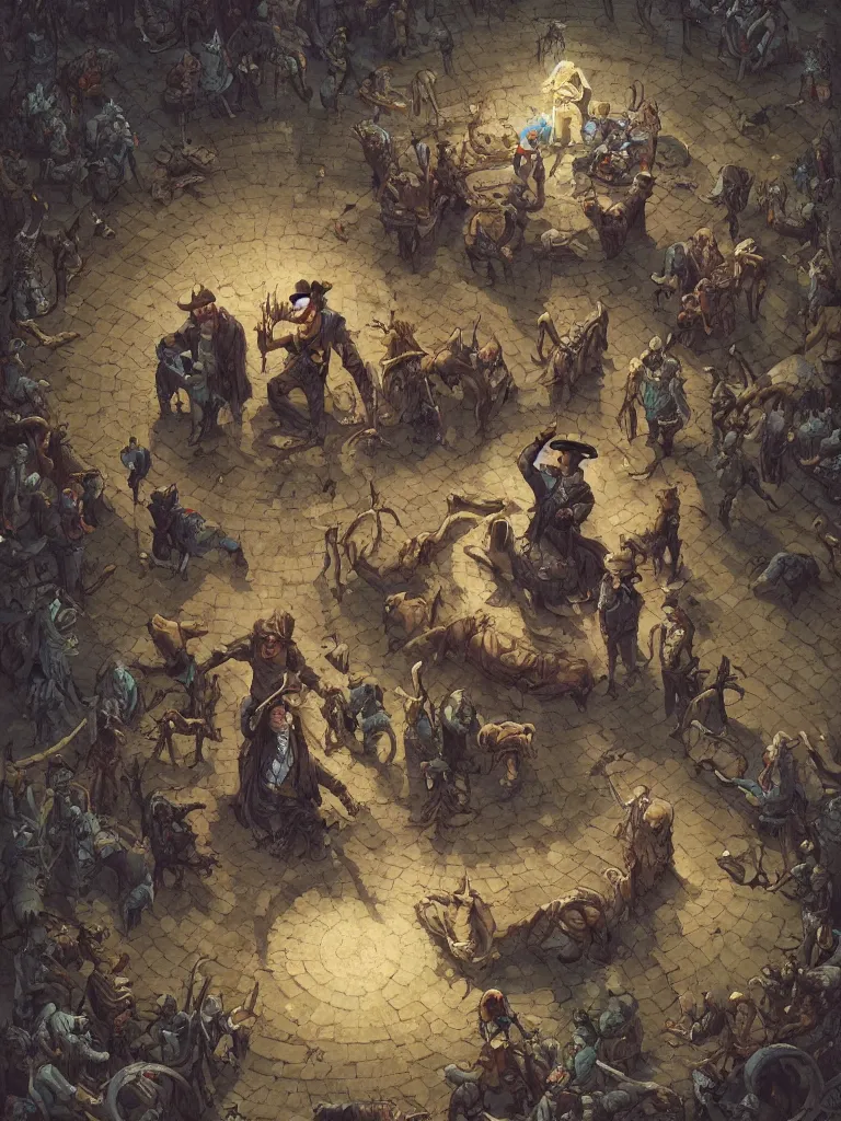 Image similar to a cowboy druid snake oil salesman standing in a circle at the bull run at the beginning of the world by peter mohrbacher and james jean