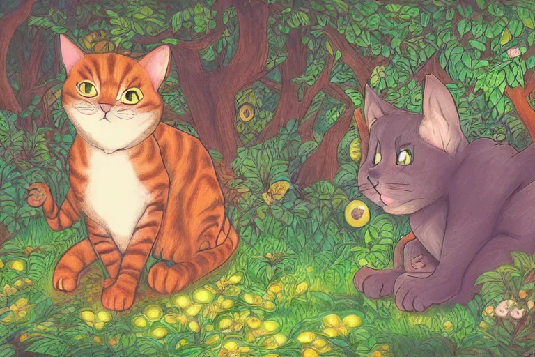 Prompt: a cat in a forest, highly detailed, digital art, trending on artstation, backlighting, by kawacy, by don bluth, by ken sugimori, by louis wain, fan art