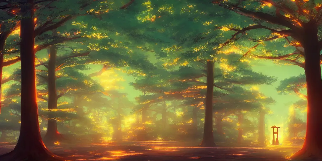 Image similar to beautiful anime painting of a magical forest, torii, shrine, nighttime, by makoto shinkai, koto no ha no niwa, artstation, atmospheric.