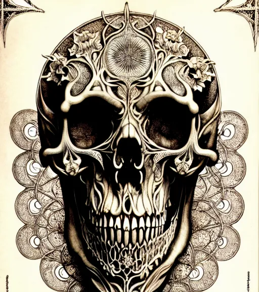 Image similar to art forms of nature by ernst haeckel, memento mori by arthur rackham, ornate antique porcelain beautiful skull mask, ultrasharp, photorealistic, hyperdetailed, octane render, polished, art nouveau, neo - gothic, gothic, intricate ornamental organic filigree, art nouveau botanicals, art forms of nature by ernst haeckel, horizontal symmetry, symbolist, visionary