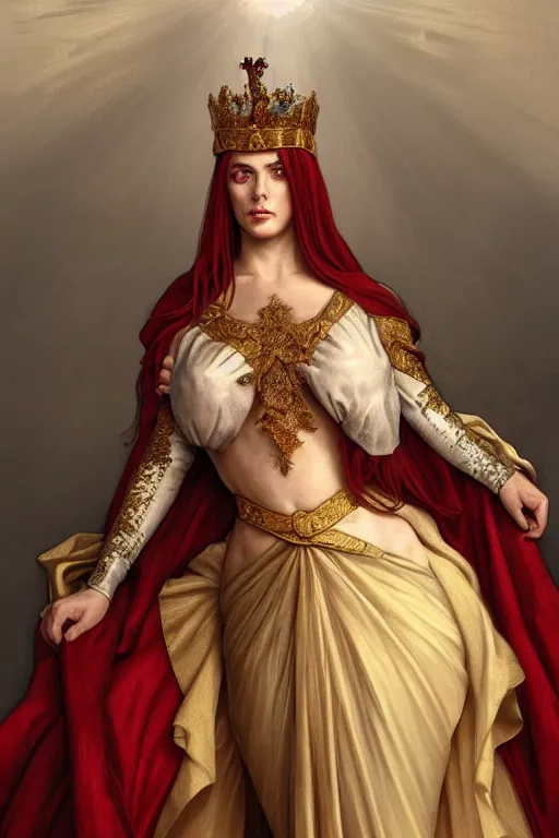 Image similar to Portrait of historically accurate, ancient biblical, sultry, sneering, evil, pagan, wicked, young queen jezebel, wearing gilded red robes, long black hair, intricate, elegant, highly detailed, digital painting, artstation, concept art, smooth, sharp focus, illustration, art by artgerm and greg rutkowski and alphonse mucha and andrei riabovitchev