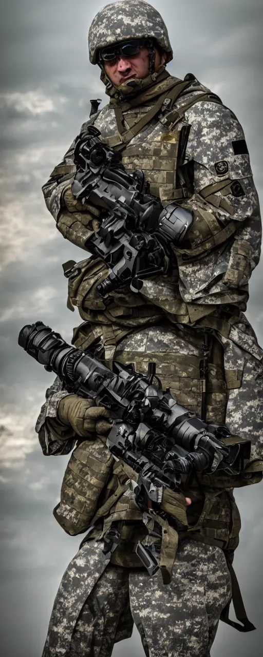 Image similar to modern weaponized soldier, photography, 8k