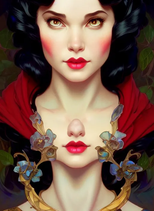 Prompt: portrait of disney snow white, intricate, elegant, highly detailed, my rendition, digital painting, artstation, concept art, smooth, sharp focus, illustration, art by artgerm and greg rutkowski and alphonse mucha and uang guangjian and gil elvgren and sachin teng, symmetry!!