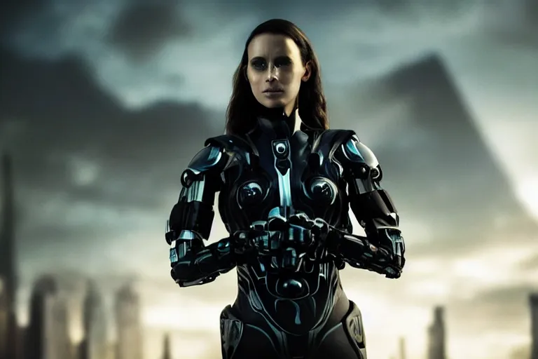 Image similar to VFX movie closeup portrait of a gorgeous futuristic hero cyborg woman in black spandex armor in future city, hero pose, beautiful skin, city night lighting by Emmanuel Lubezki