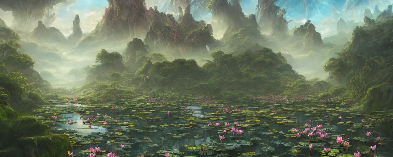 Image similar to path thru flower valley with little lotus ponds, birds eye, vista view, peter mohrbacher, vladimir kush, michael whelan, bill stoneham, tsutomu nihei, jane graverol, kay sage, digital art, airbrush, art nouveau, intricate, clear, looming, epic, depth, artstation, highly detailed, blender, Unreal Engine, octane render, vray, 8k