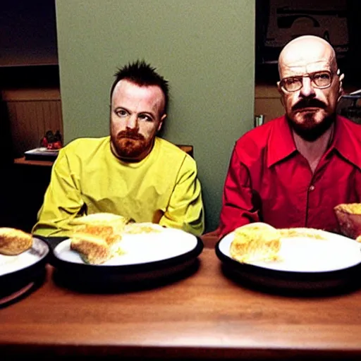 Prompt: walter white and jesse pinkman eating hamburger