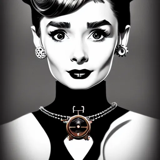 Image similar to in the style of diego fazio, artgerm, beautiful audrey hepburn, steampunk, full color, elegant pose, middle shot waist up, symmetrical face symmetrical eyes, three point lighting, detailed realistic eyes, short neck, insanely detailed and intricate elegant