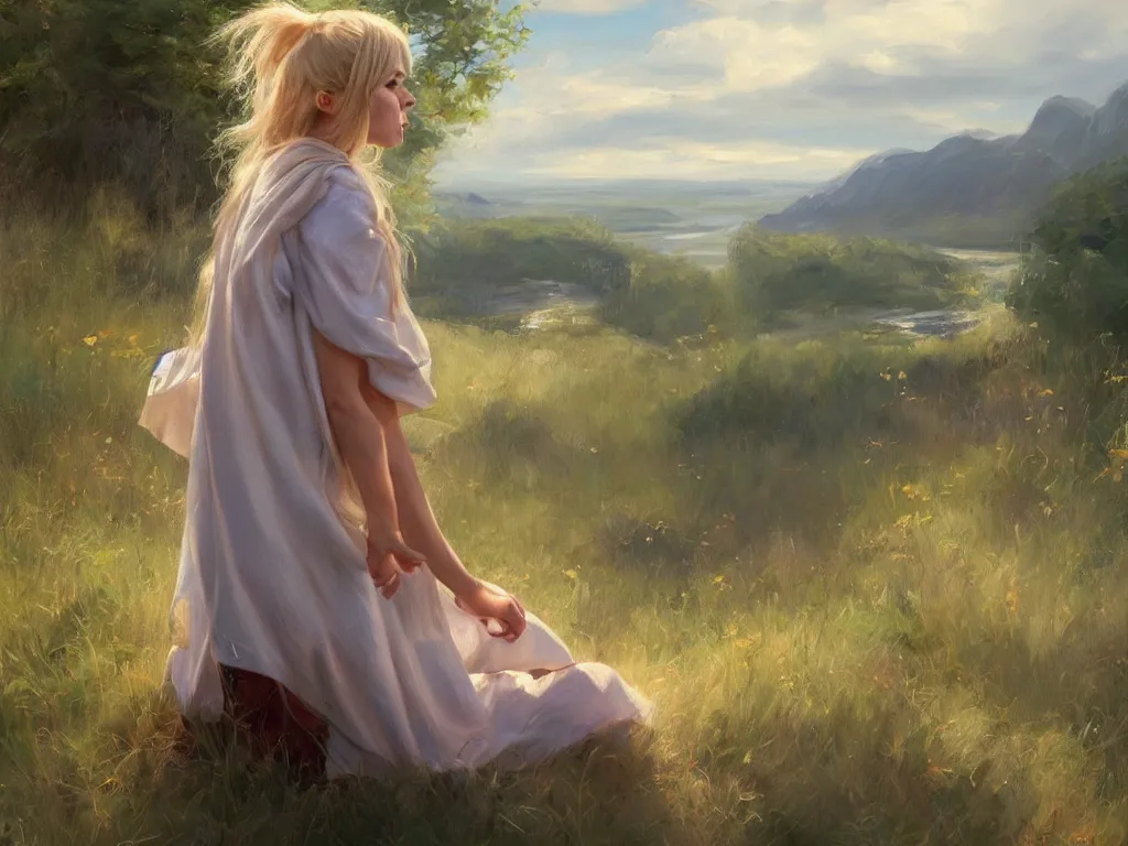 Image similar to blonde female jedi, Swedish countryside, landscape view, archipelago, painting by Vladimir Volegov, wlop, artstation