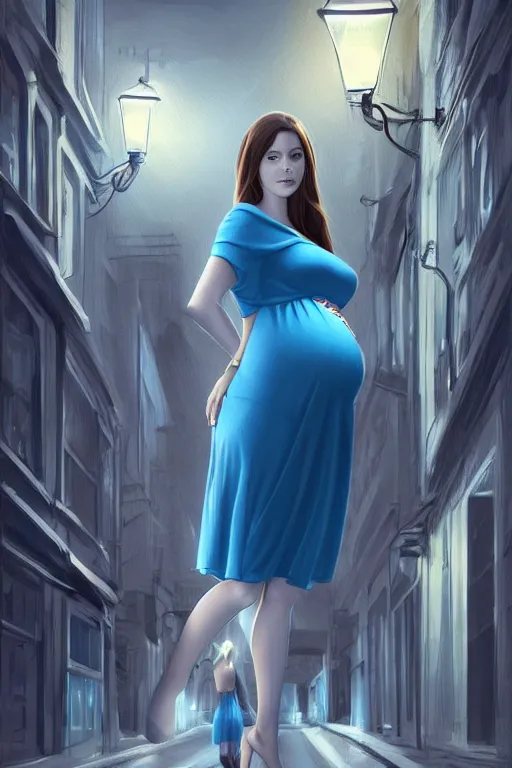 Image similar to pregnant woman in a short blue dress in night under street light, highly detailed, sharp focused, ultra realistic digital concept art by artgerm and gre