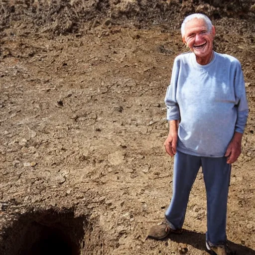 Image similar to a smiling old man seen standing in a hole