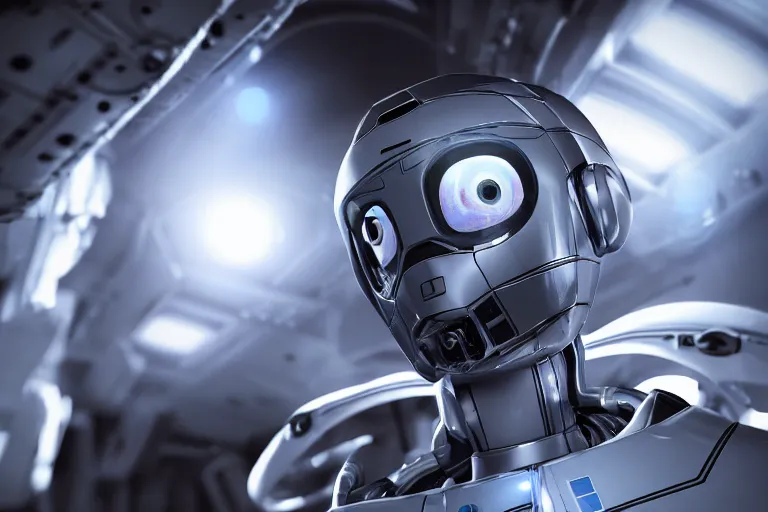 Image similar to close - up photograph of an androgynoid robot in the launch bay on the inter - galactic spaceship, 8 k, beautiful lighting, shallow depth of field, ultra realistic, hyper - detailed, sci - fi movie style, coherent composition,