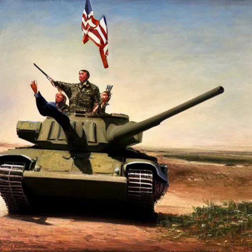 Image similar to George H.W. Bush rides in a tank leading his army against Iraq, oil on canvas, 1883