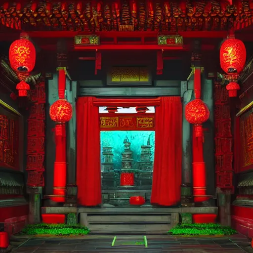 Prompt: a beautiful red asian temple with green details surrounded by torches of blue goblin fire, digital art, 4 k, trending on artstation, devianart and cgsociety