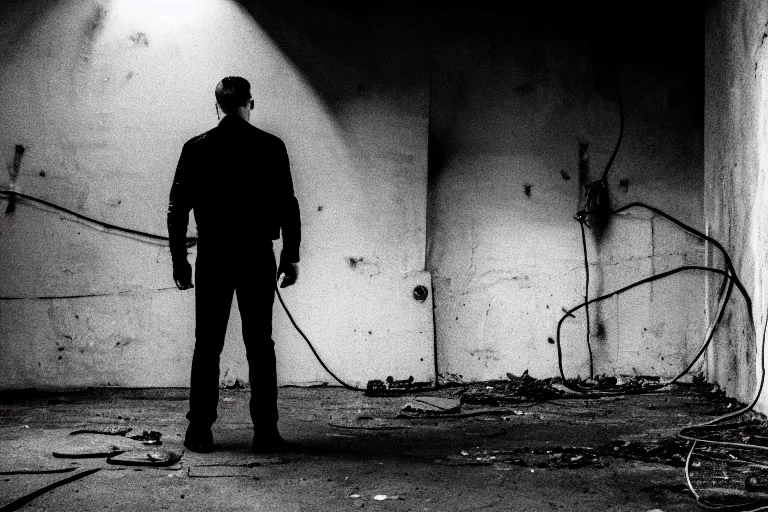 Prompt: a man in black in leather, watching a black hole forming in the grimy grungy basement of an abandoned apartment block, wires, cables, grainy black and white photography