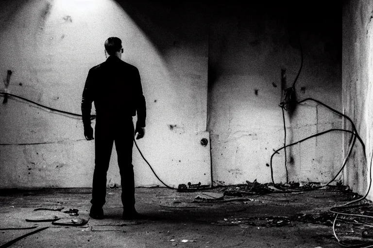 Image similar to a man in black in leather, watching a black hole forming in the grimy grungy basement of an abandoned apartment block, wires, cables, grainy black and white photography