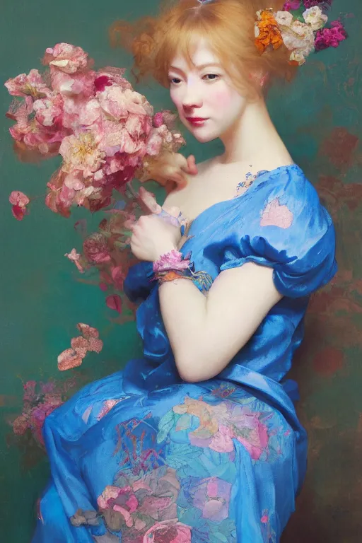 Prompt: a painting of a woman in a blue silk dress with a floral pattern, a colorful flowery character portrait by ruan jia, vivid color hues, intricate sharp detail, cgsociety, rococo, ilya kuvshinov, made of flowers, pre - raphaelite