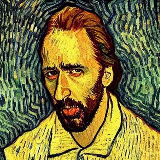 Image similar to nic cage in the last supper as painted by vincent van gogh