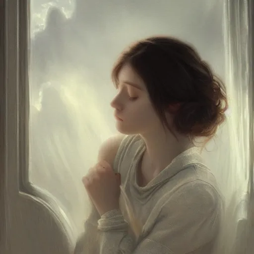 Prompt: A dreamy sleepy young woman with long dark hair, art by caspar gustave doré, highly detailed, oil painting, concept art, illustration, dim lighting with twilight rays of sunlight coming through the window with closed shutters, trending on artstation, very detailed, smooth, sharp focus, octane render