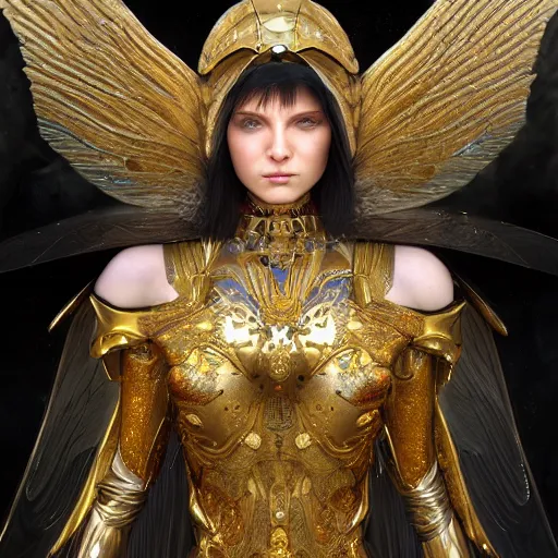 Image similar to a beautiful angel with a golden helmet wearing a silver armor with golden ornaments and diamonds jewelry, wings by alex gray and android jones, karol bak, ayami kojima, amano, concept art, character design, fantasy, 3 d, 8 k resolution