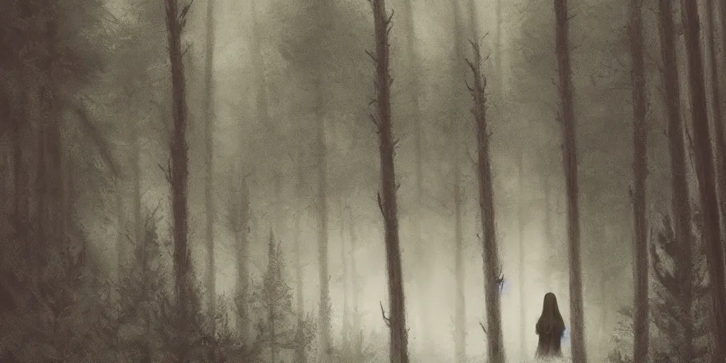 Image similar to a girl in a forest by Aron Wiesenfeld, cinematic, detailed illustration, nature, fog, dark colors, suspense, train the background, intricate, 8k