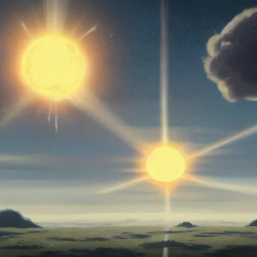 Prompt: concept art painting of a sky with three suns, realistic, detailed, cel shaded, in the style of greg rutkowski