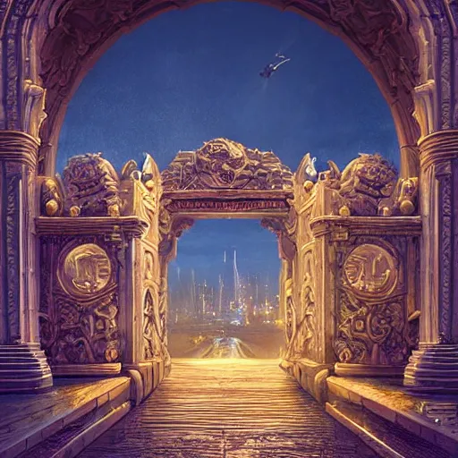 Prompt: carved futuristic gateway at the end of ancient ornate steps with a wide view of city which details the vast architectural scientific and cultural achievements of all humankind, complex composition, molecules, renato muccillo, andreas rocha, jorge jacinto, damian kryzwonos, ede laszlo, artstation, digital art, high contrast, cinematic blue and gold