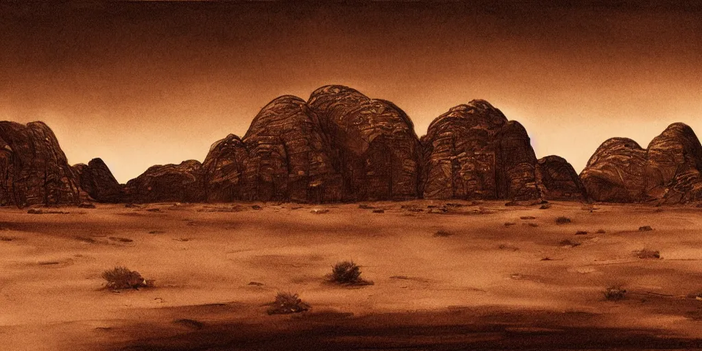 Prompt: a realistic sepia - toned photorealistic painting of wadi rum at night, dark, brooding, atmospheric, lovecraft