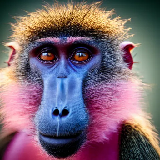 Image similar to a baboon, pink background, award - winning photography