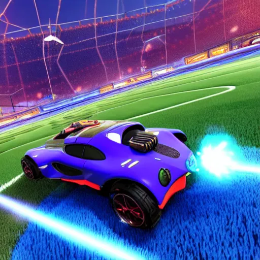 Prompt: rocket league, car soccer, boom, goal, demo, explosion, action shot, lens flares, rim light, raytracing, glow, haze, hyper - realistic, micro details, octane render, unreal engine, cinematic shot