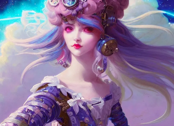 Image similar to close up picture of an maximalist dress magical girl, neat hair with bangs, smug face, extremely beautiful and aesthetic and detailed cute face and eyes, wipe out evils with cute astronaut familiar sprites, aming the magical beams to the camera, chiaroscuro, intricate, masterpiece, epic fantasy illustrations by peter mohrbacher and anato finnstark and jeremy lipking